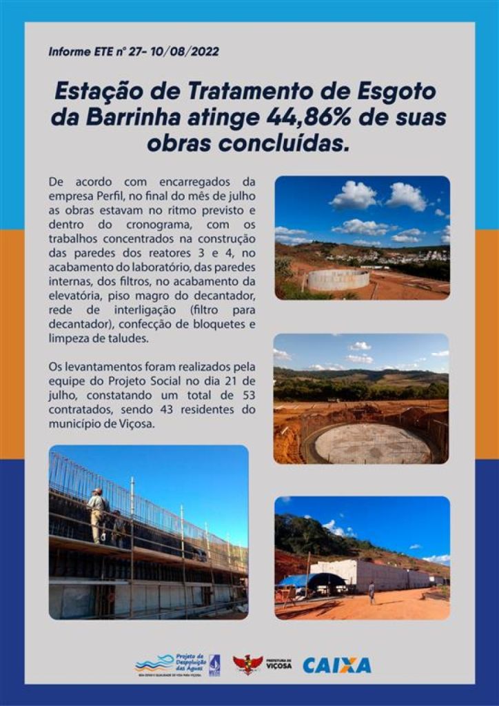 Estação de Tratamento de Esgoto da Barrinha atinge 44,86% de suas obras concluídas